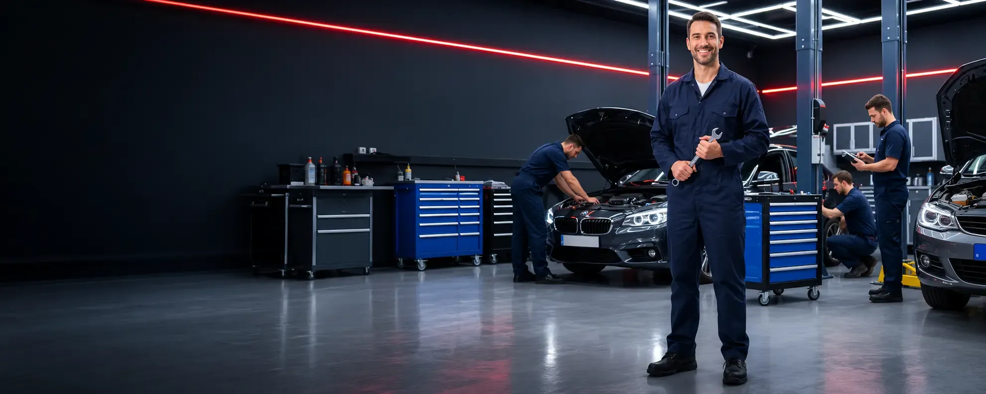 JSIR Auto Maintenance workshop — a car raised on a two-post lift